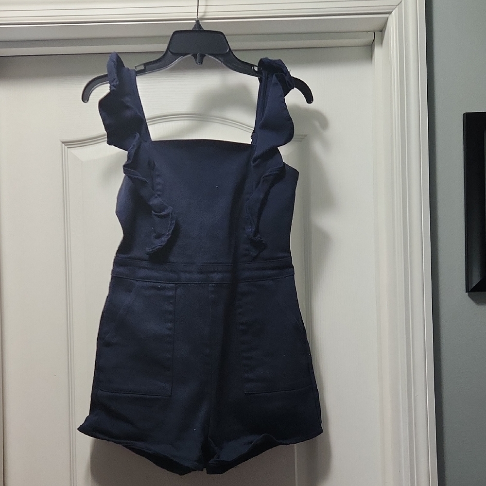Blue Structured Romper with Ruffled Straps